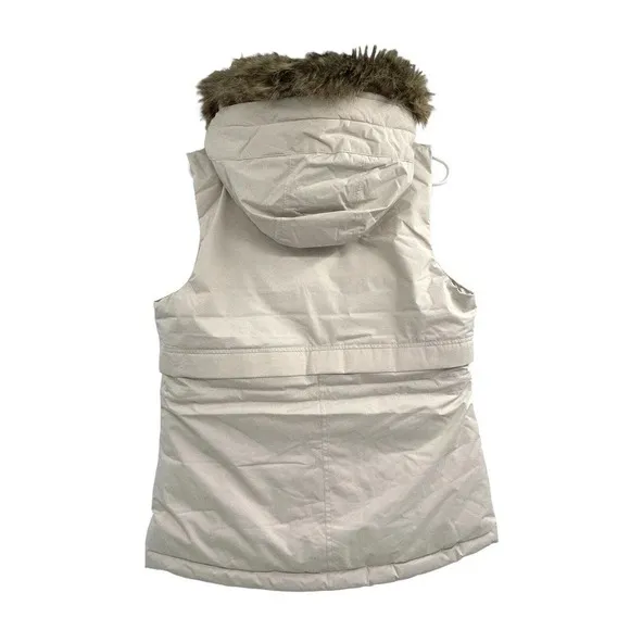 Prana Women's Puffer Down Vest Banajaara Size Medium Faux Fur Hood Pebble Gray