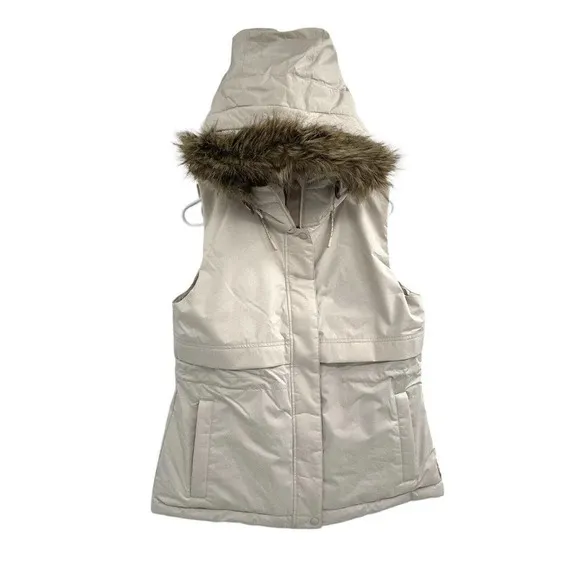Prana Women's Puffer Down Vest Banajaara Size Medium Faux Fur Hood Pebble Gray