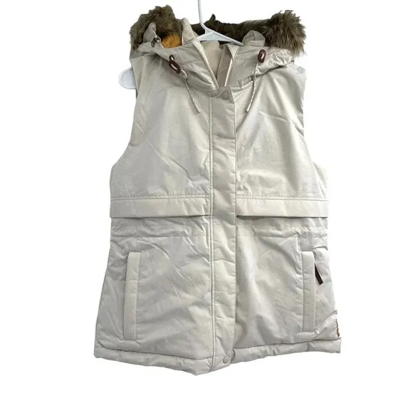 Prana Women's Puffer Down Vest Banajaara Size Medium Faux Fur Hood Pebble Gray