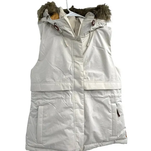 Prana Women's Puffer Down Vest Banajaara Size Medium Faux Fur Hood Pebble Gray