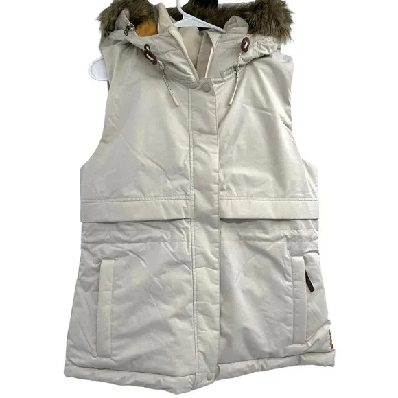 Prana Women's Puffer Down Vest Banajaara Size Medium Faux Fur Hood Pebble Gray