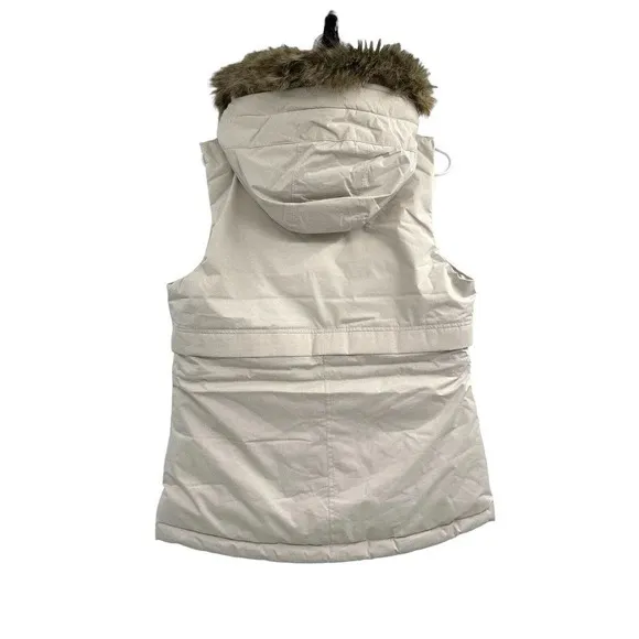 Prana Women's Puffer Down Vest Banajaara Size Medium Faux Fur Hood Pebble Gray