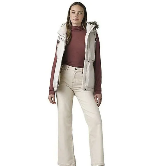 Prana Women's Puffer Down Vest Banajaara Size Medium Faux Fur Hood Pebble Gray