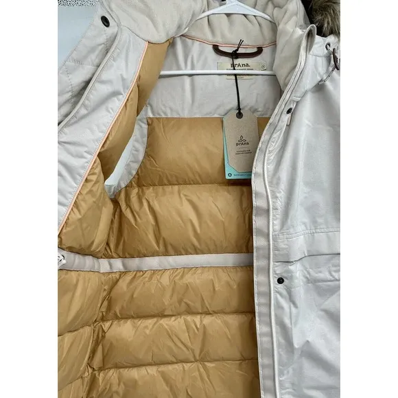 Prana Women's Puffer Down Vest Banajaara Size Medium Faux Fur Hood Pebble Gray