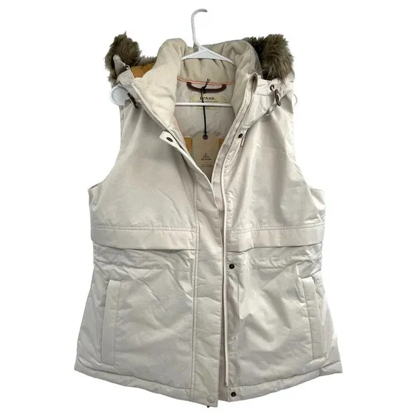 Prana Women's Puffer Down Vest Banajaara Size Medium Faux Fur Hood Pebble Gray
