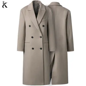 Premium Notch Lapel Double Breasted Long Wool Cashmere Blend Women's Overcoat - Women's Trench Coat