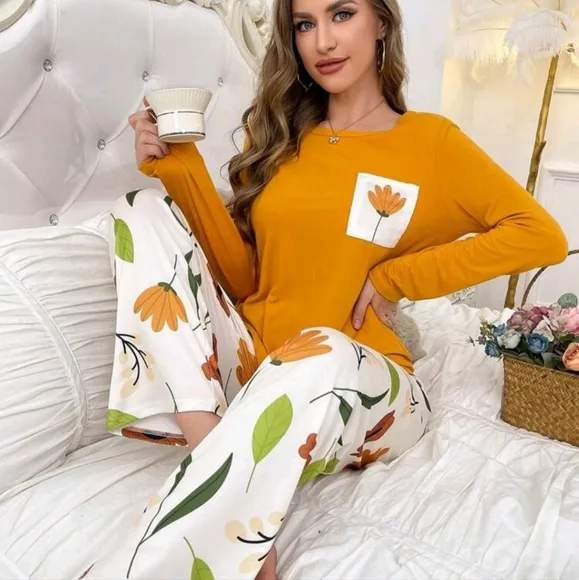 Printed Pocket Long Sleeve Top And Printed Pants Pajama Set