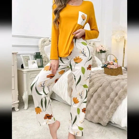 Printed Pocket Long Sleeve Top And Printed Pants Pajama Set
