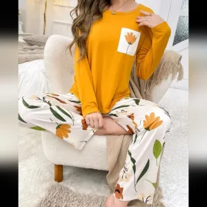 Printed Pocket Long Sleeve Top And Printed Pants Pajama Set