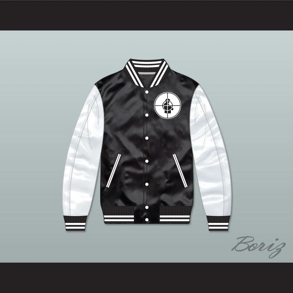 Public Enemy Black/ White Varsity Letterman Satin Bomber Jacket