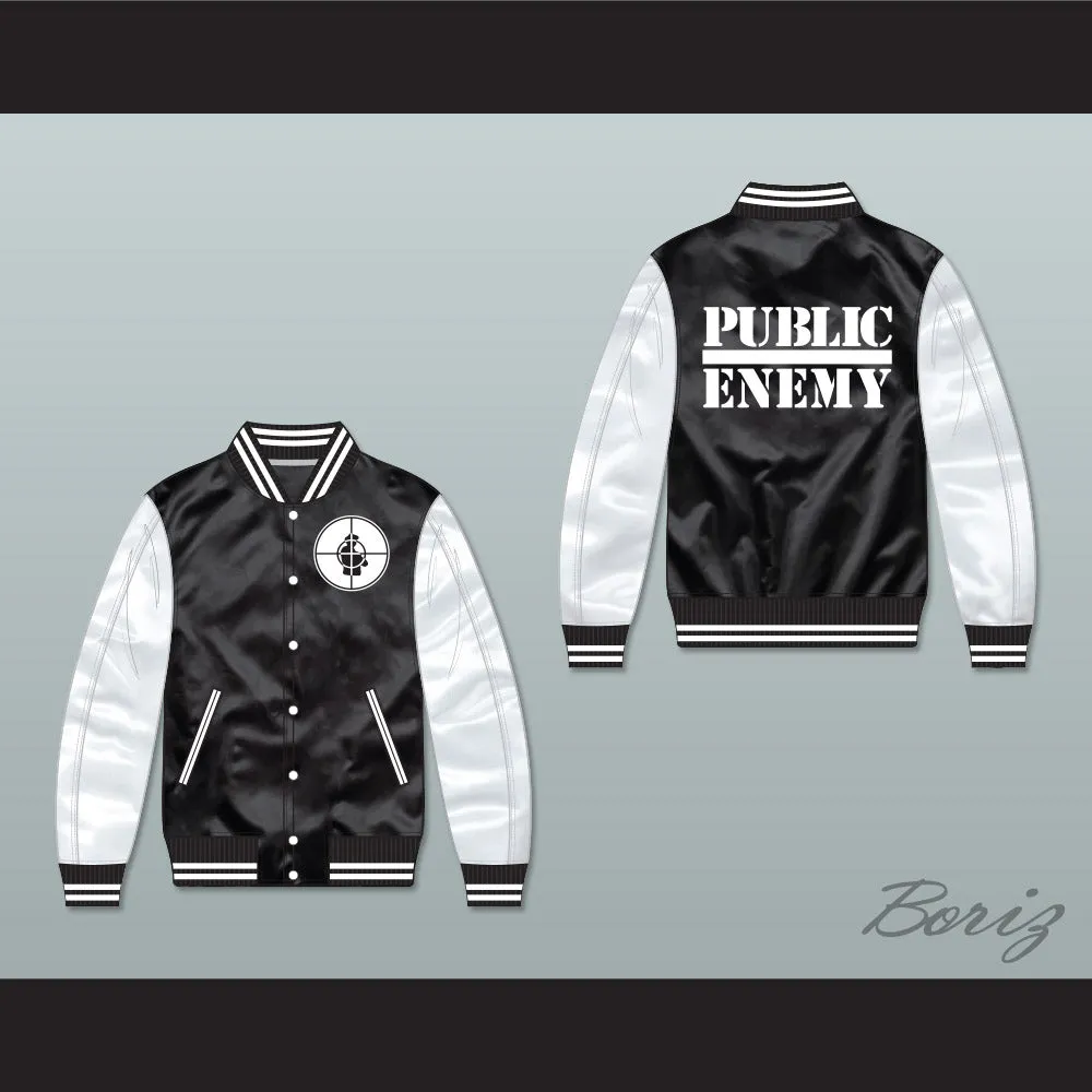 Public Enemy Black/ White Varsity Letterman Satin Bomber Jacket