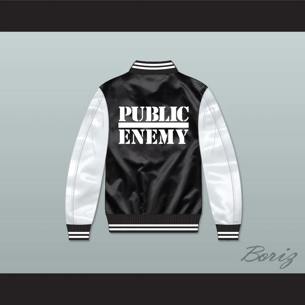 Public Enemy Black/ White Varsity Letterman Satin Bomber Jacket