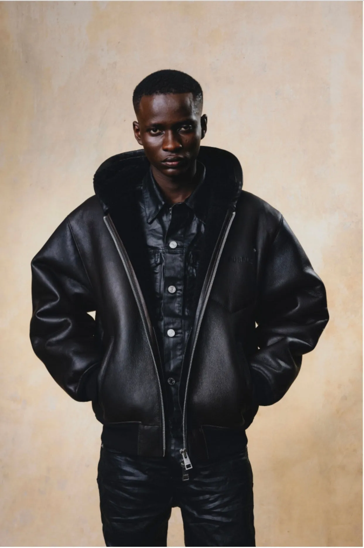 PURPLE BRAND - LEATHER ZIP HOODIE BOMBER
