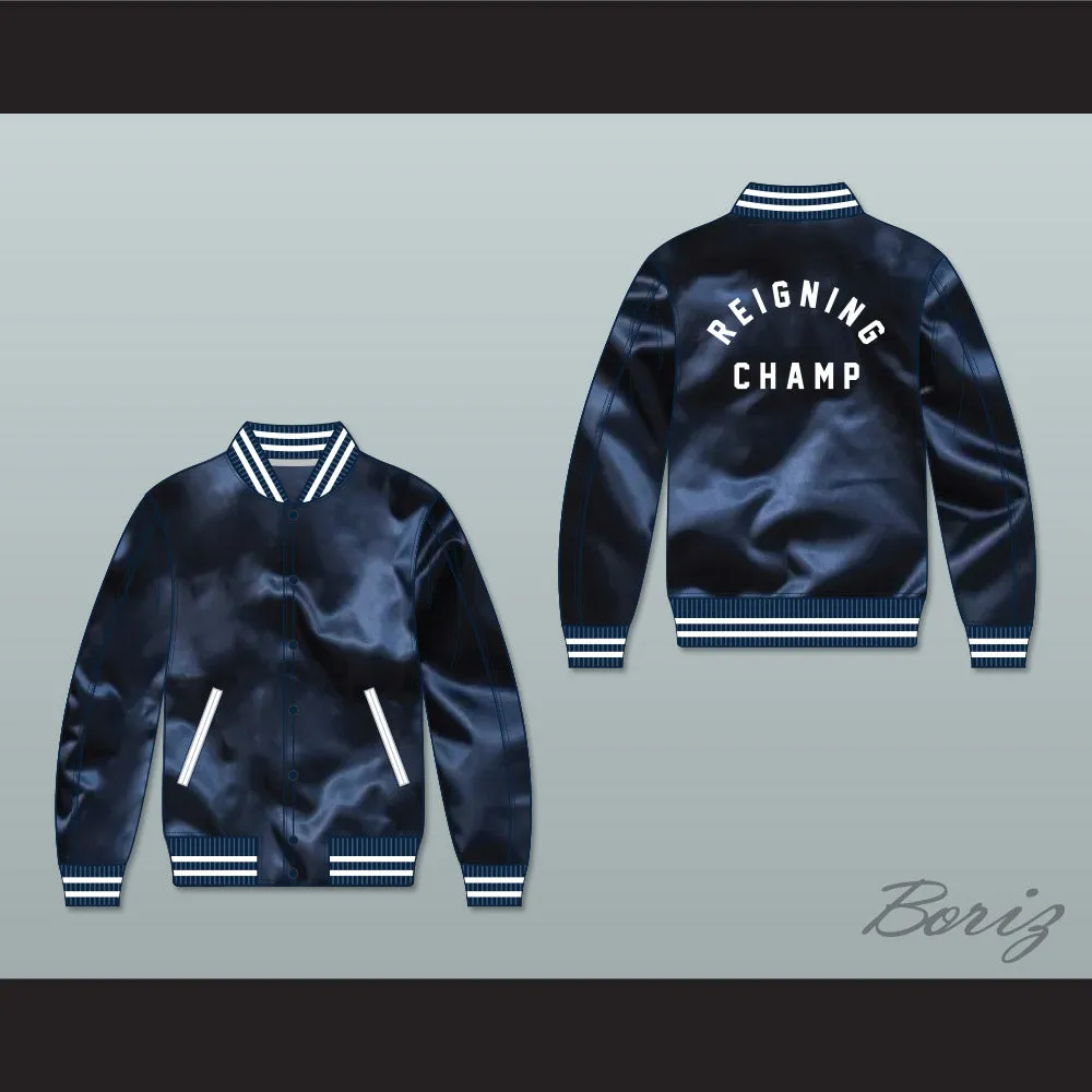 Reigning Champ Navy Blue Varsity Letterman Satin Bomber Jacket