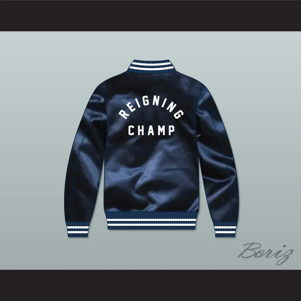 Reigning Champ Navy Blue Varsity Letterman Satin Bomber Jacket
