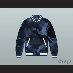 Reigning Champ Navy Blue Varsity Letterman Satin Bomber Jacket