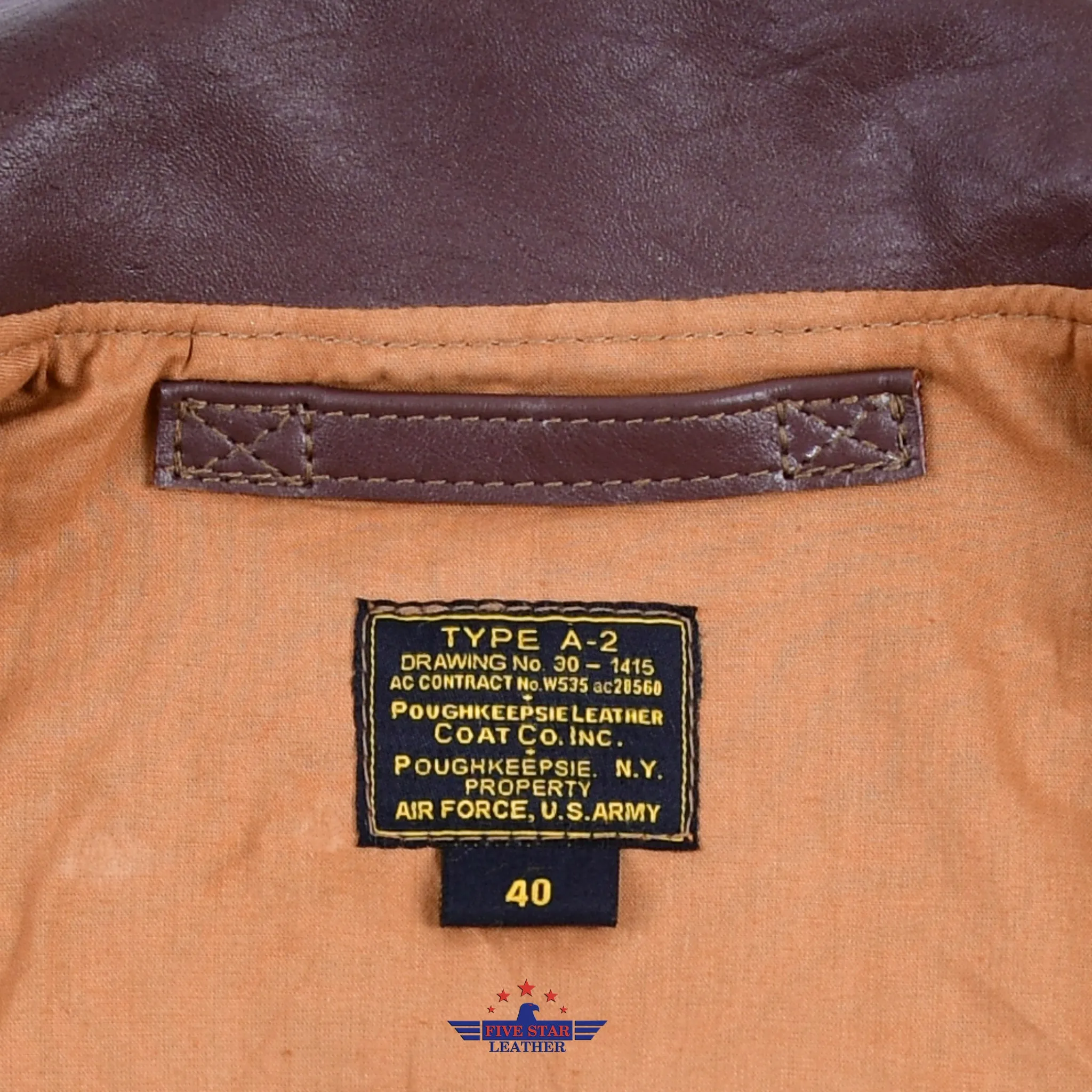 Repro TYPE A2 Jacket Poughkeepsie Leather Coat Co. INC. AC Contract No. W535ac28560 Real Horse Hide Leather Mid Brown