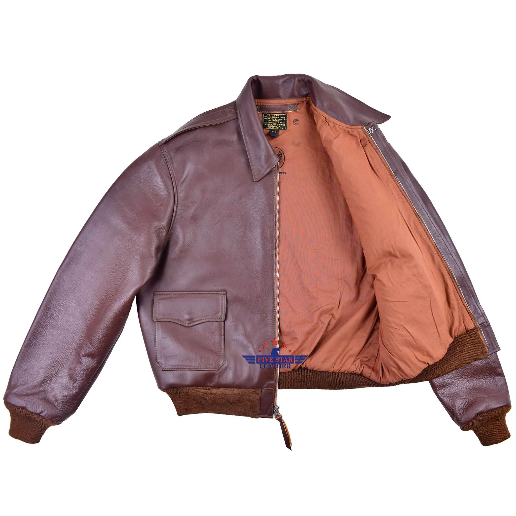 Repro Type A2 UNITED SHEEPLINED CLOTHING CO. ORDER NO.42.18777-P Real Horsehide Leather Russet Brown Jacket