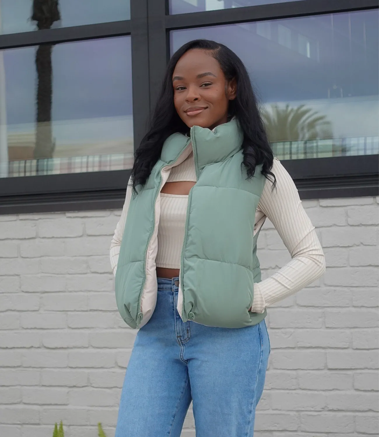 Reversible Puffer Vest(Olive/Cream)