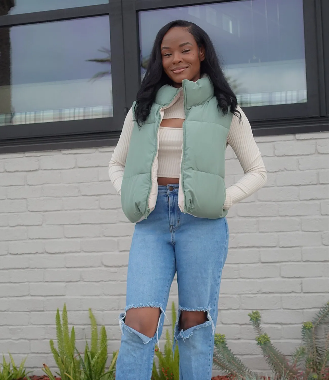 Reversible Puffer Vest(Olive/Cream)