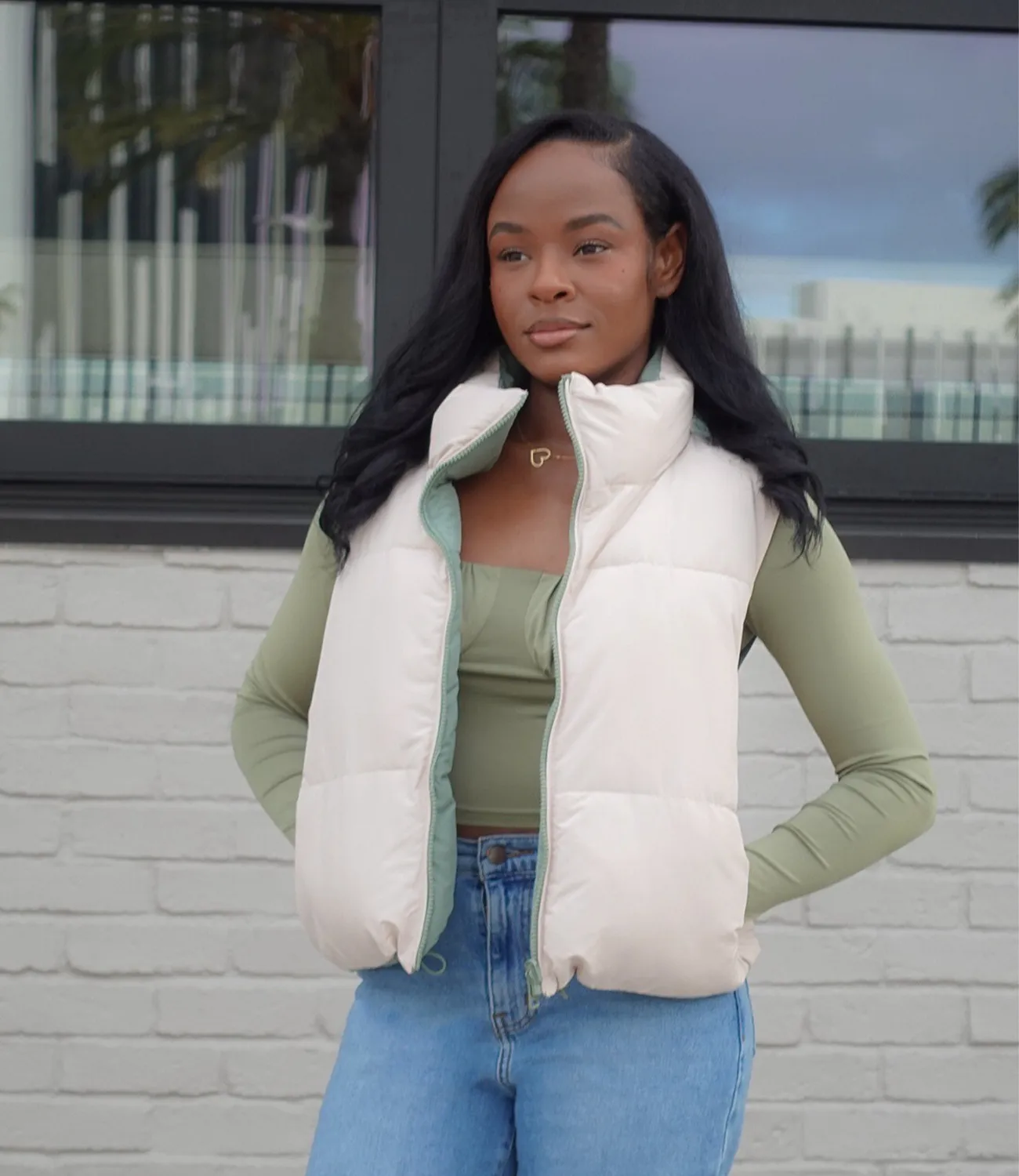 Reversible Puffer Vest(Olive/Cream)