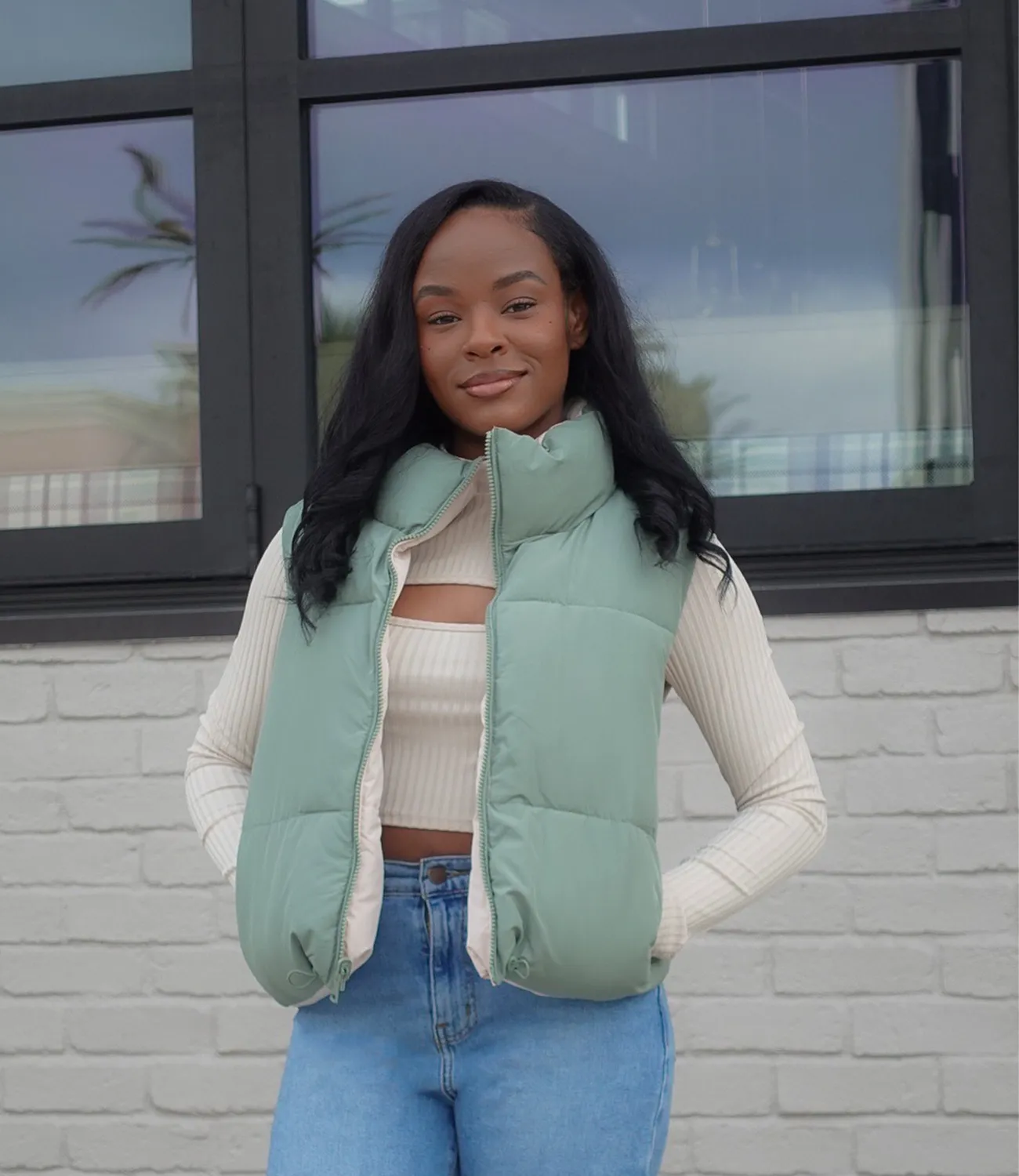 Reversible Puffer Vest(Olive/Cream)