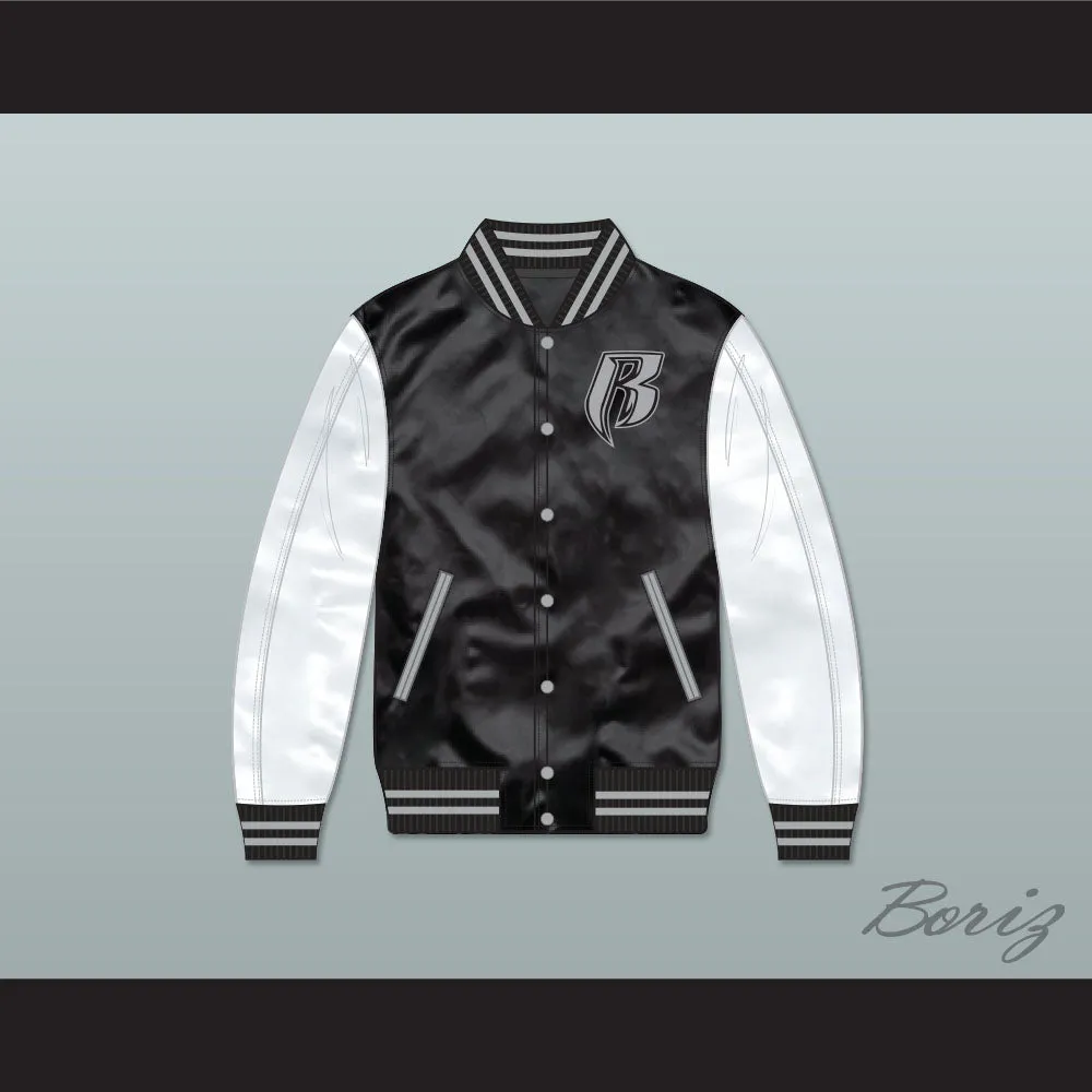 Ruff Ryders Black and White Varsity Letterman Satin Bomber Jacket