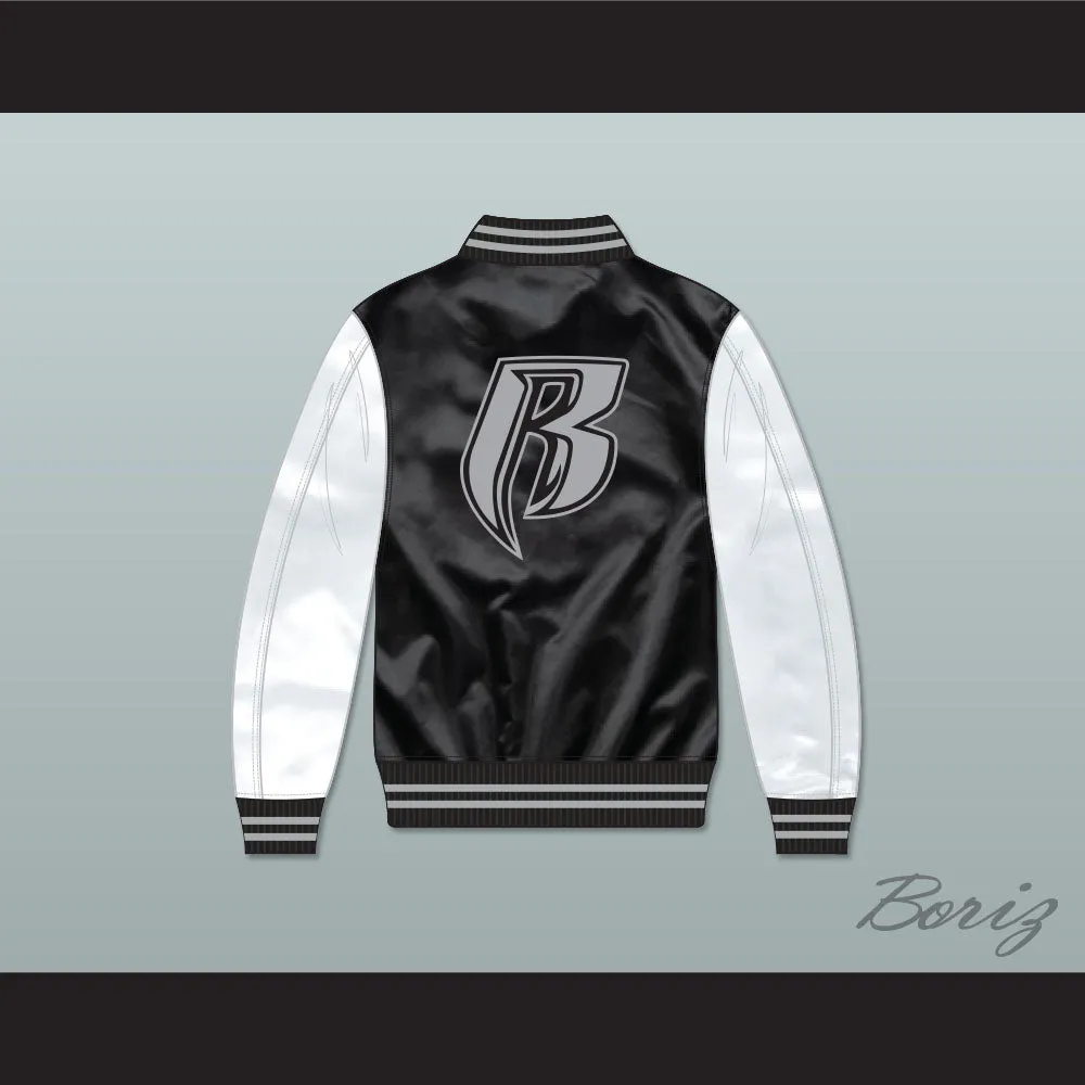 Ruff Ryders Black and White Varsity Letterman Satin Bomber Jacket