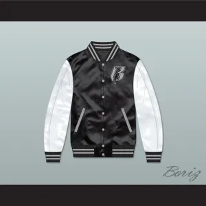 Ruff Ryders Black and White Varsity Letterman Satin Bomber Jacket