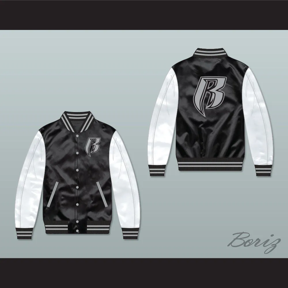 Ruff Ryders Black and White Varsity Letterman Satin Bomber Jacket