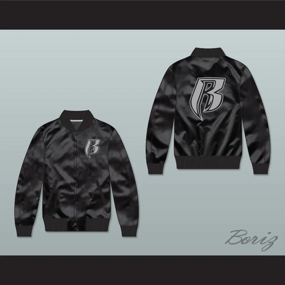 Ruff Ryders Entertainment Black Varsity Letterman Satin Bomber Jacket