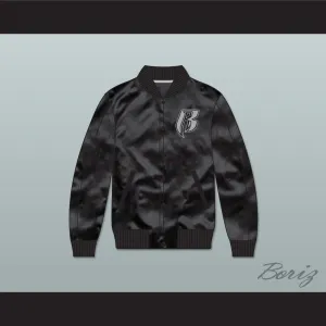 Ruff Ryders Entertainment Black Varsity Letterman Satin Bomber Jacket