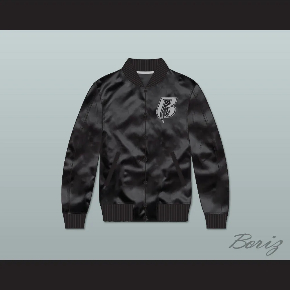 Ruff Ryders Entertainment Black Varsity Letterman Satin Bomber Jacket