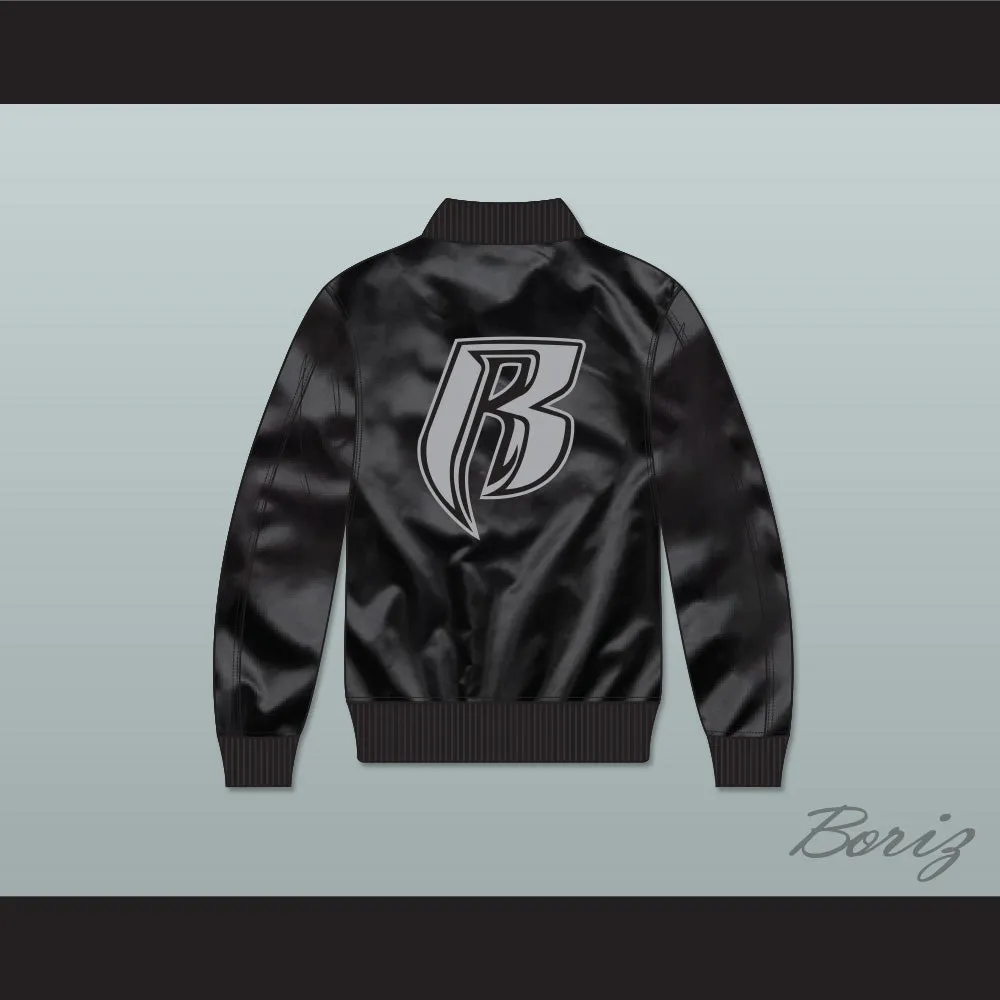 Ruff Ryders Entertainment Black Varsity Letterman Satin Bomber Jacket