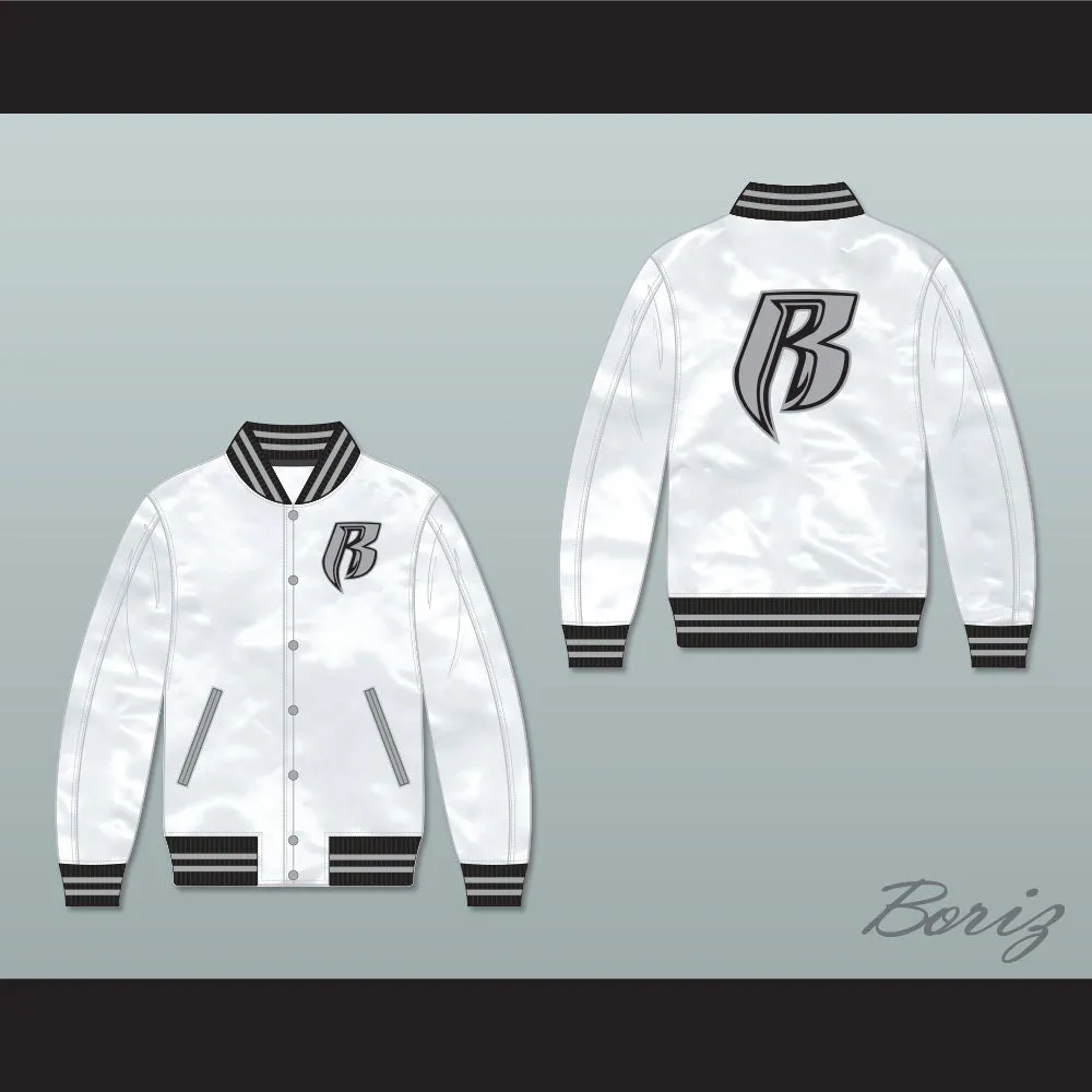 Ruff Ryders White Varsity Letterman Satin Bomber Jacket