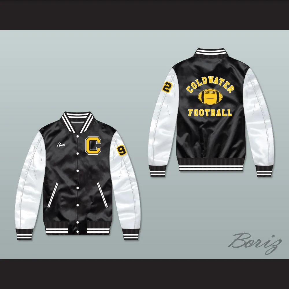 Scott Coldwater High School Football Black/ White Varsity Letterman Satin Bomber Jacket