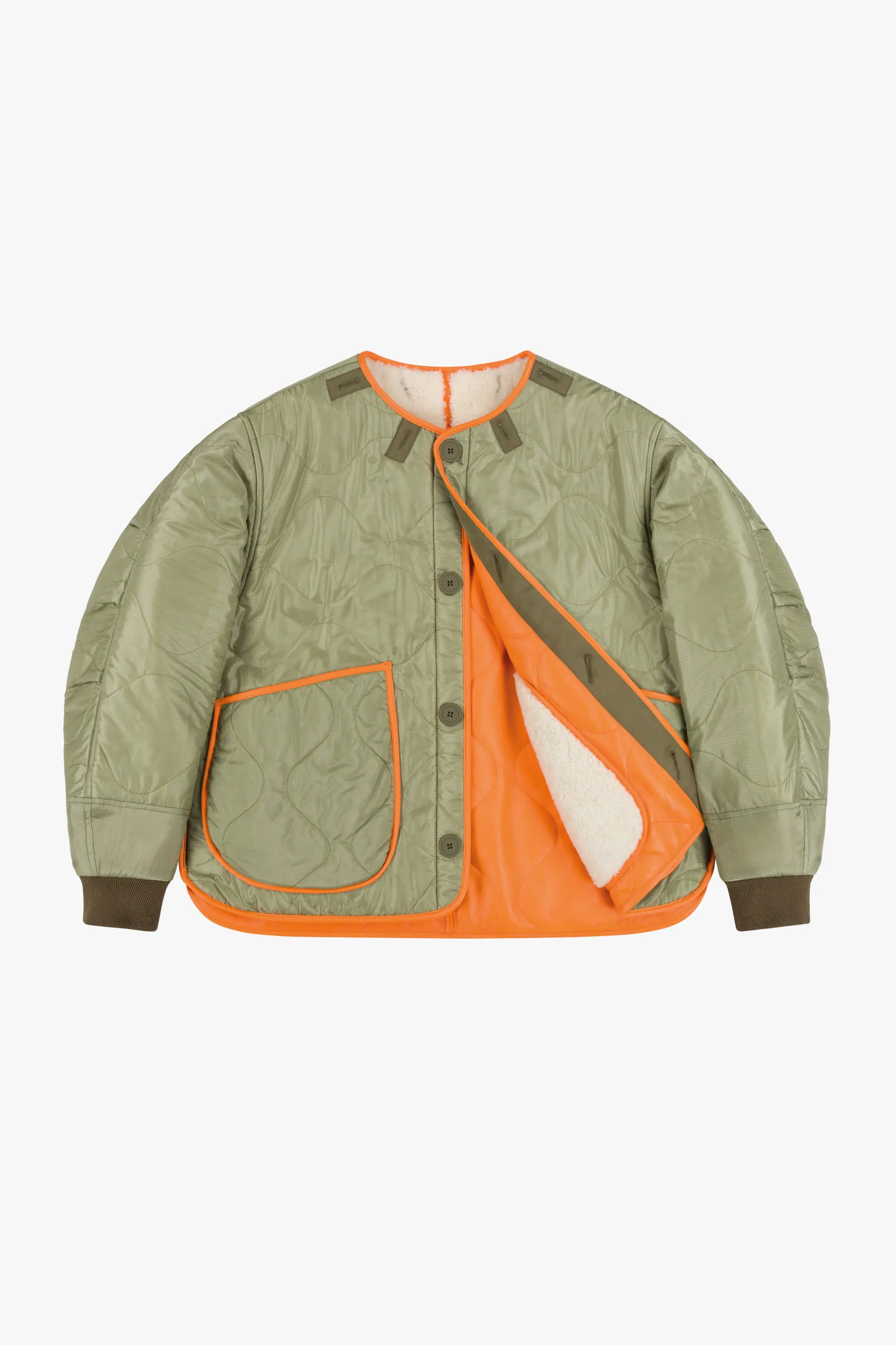Shearling Leather Quilt Bomber - Orange / Pale Sage