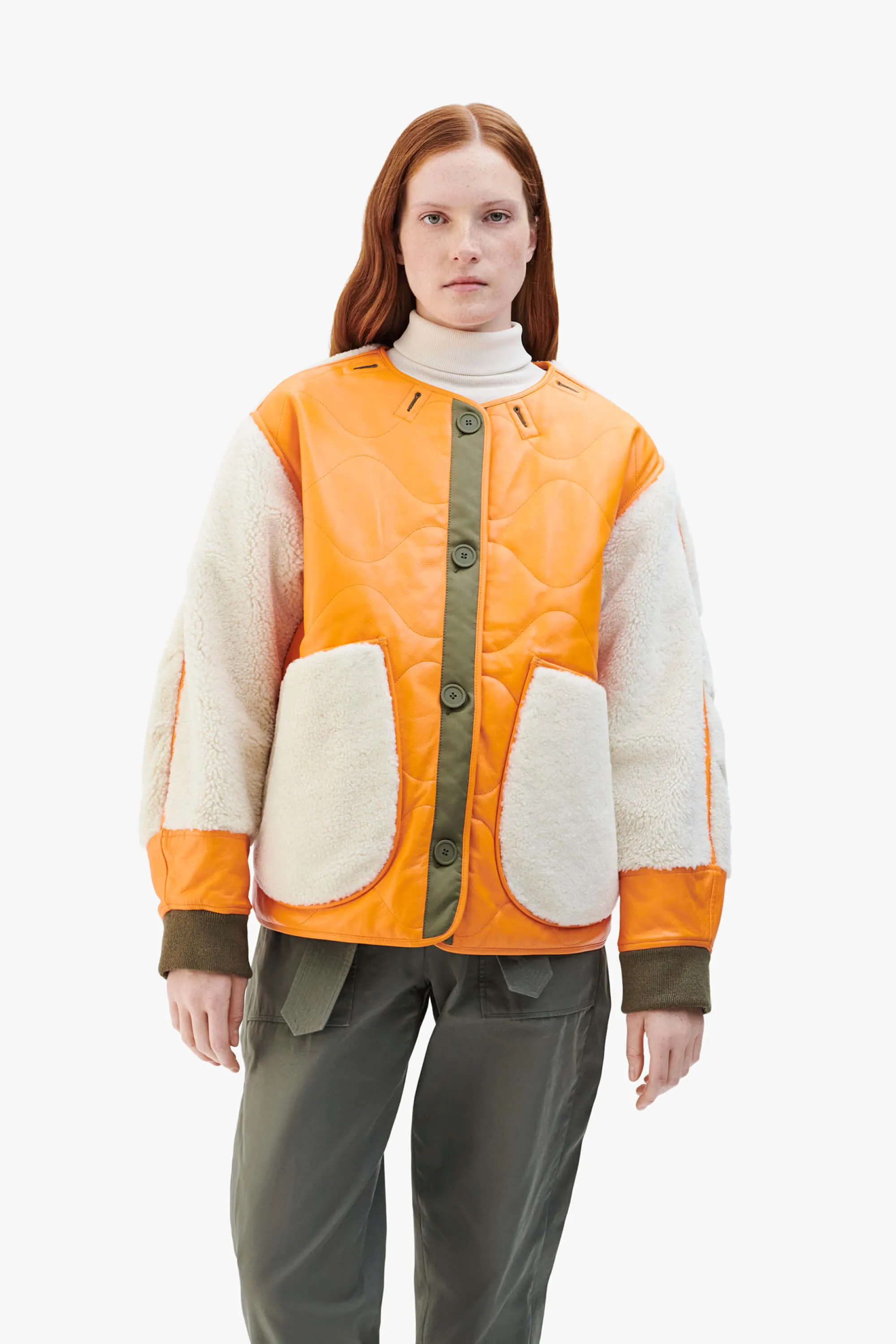 Shearling Leather Quilt Bomber - Orange / Pale Sage