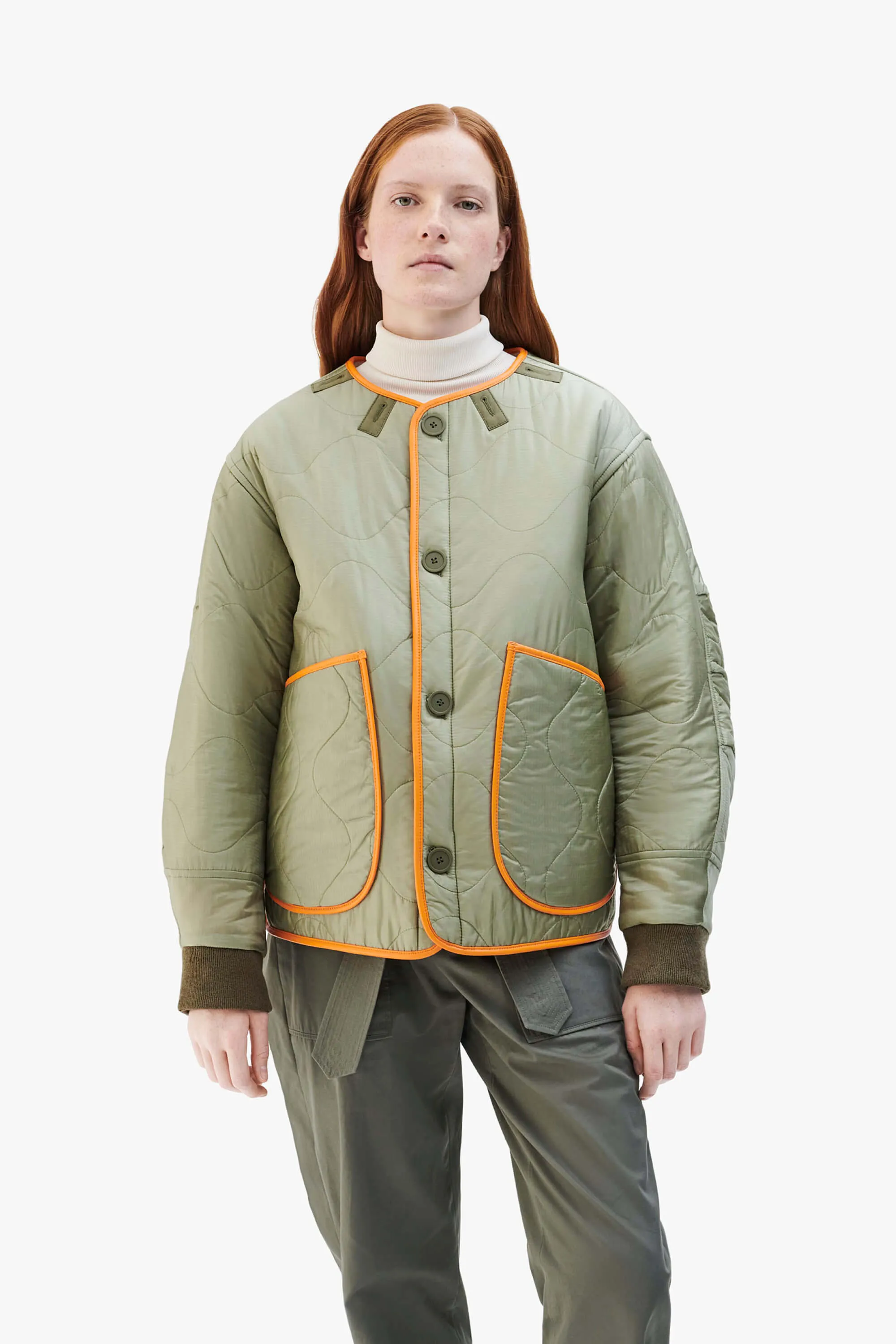 Shearling Leather Quilt Bomber - Orange / Pale Sage