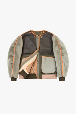 Shearling Leather Wool Bomber - Forest Green / Pale Jade & Natural