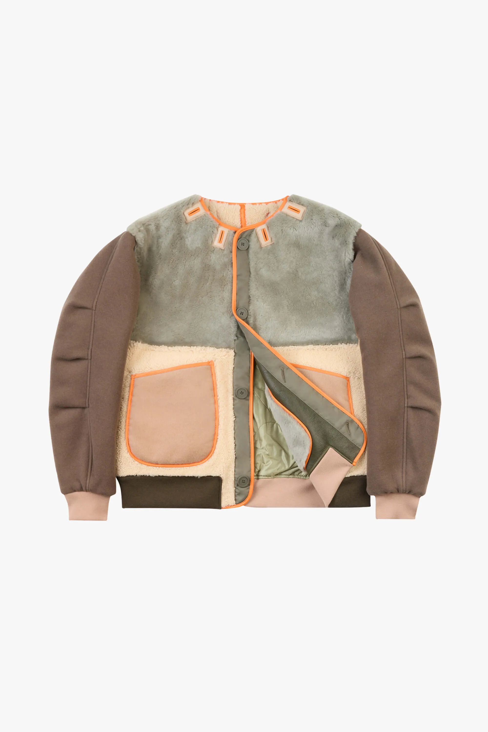 Shearling Leather Wool Bomber - Forest Green / Pale Jade & Natural