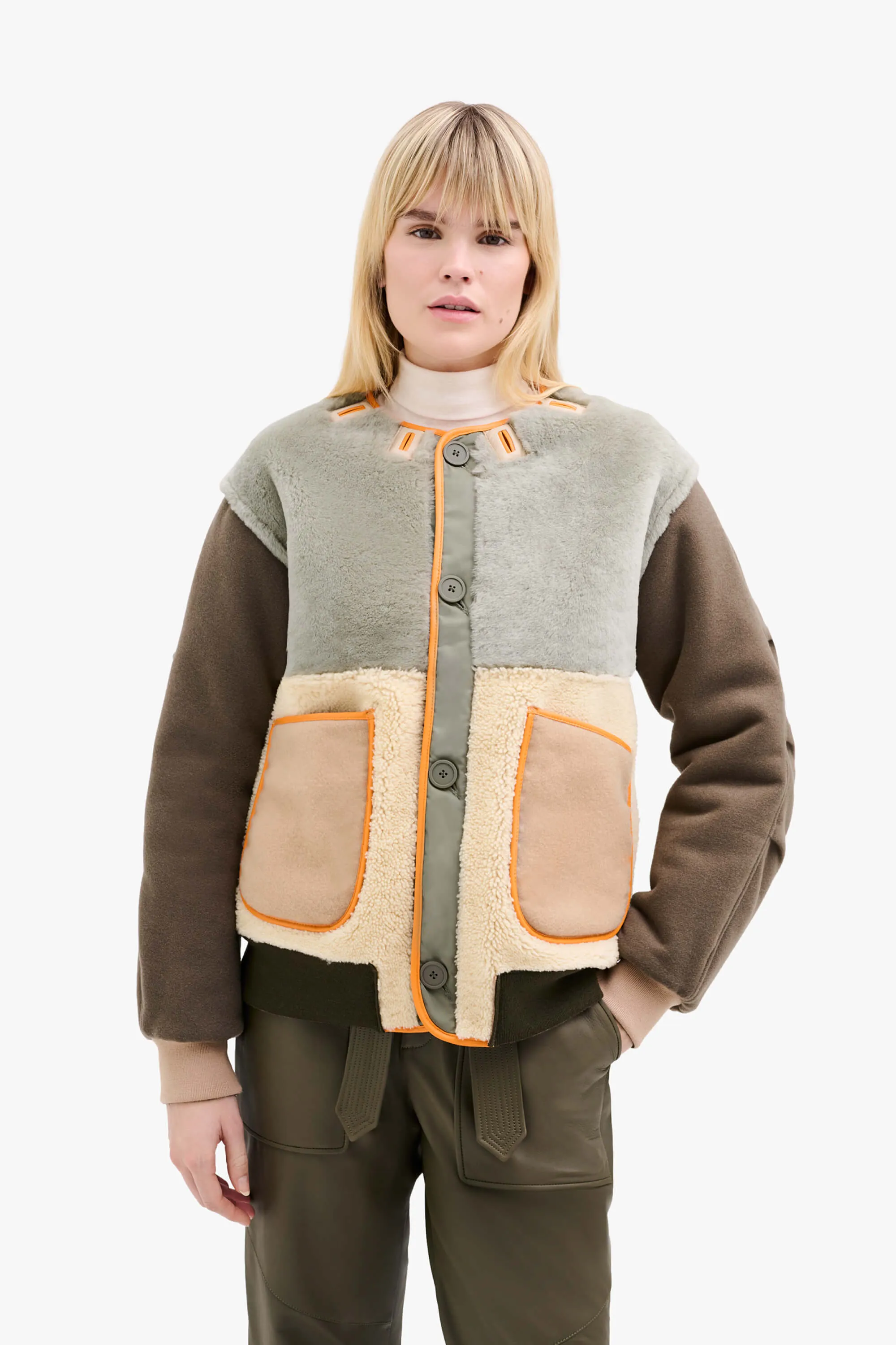 Shearling Leather Wool Bomber - Forest Green / Pale Jade & Natural