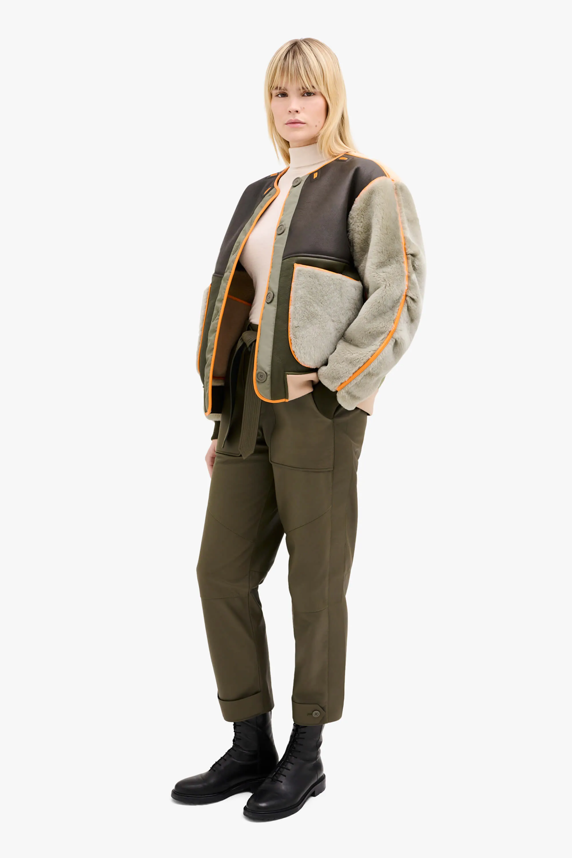 Shearling Leather Wool Bomber - Forest Green / Pale Jade & Natural