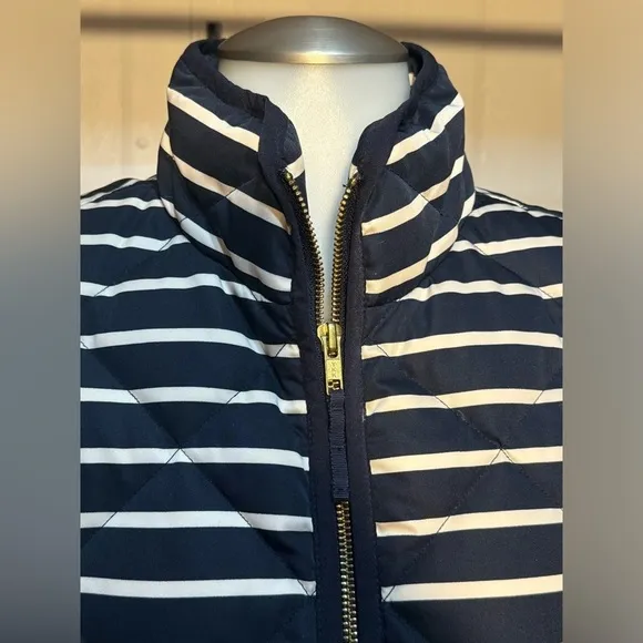 Small down filled feather puffer vest j crew blue white striped Vest Quilted