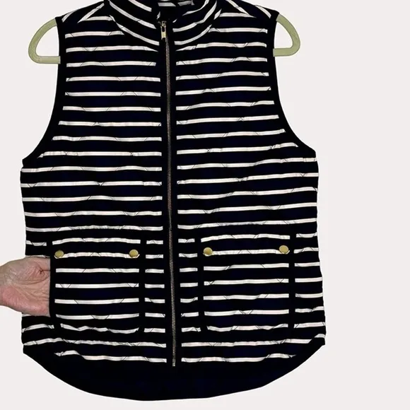 Small down filled feather puffer vest j crew blue white striped Vest Quilted