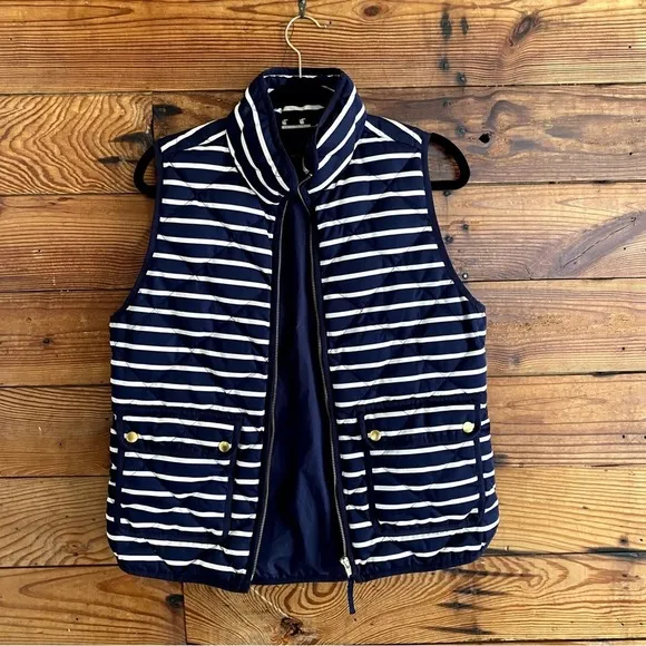 Small down filled feather puffer vest j crew blue white striped Vest Quilted