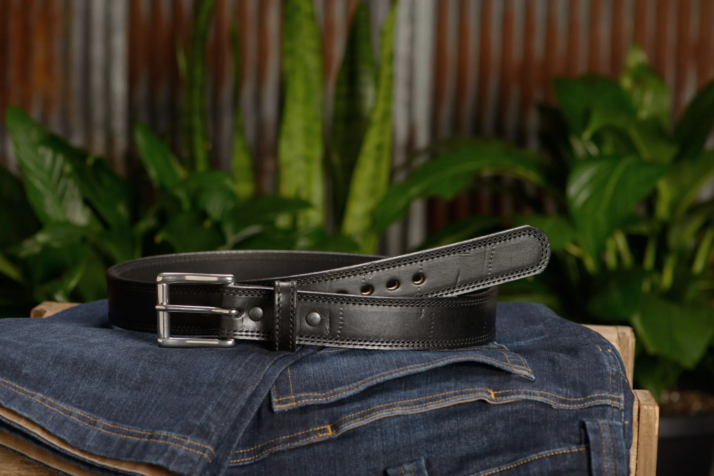 SPECIAL OFFER - The Bomber: Men's Black Double Stitched With Distressed Marks Leather Belt 1.50"