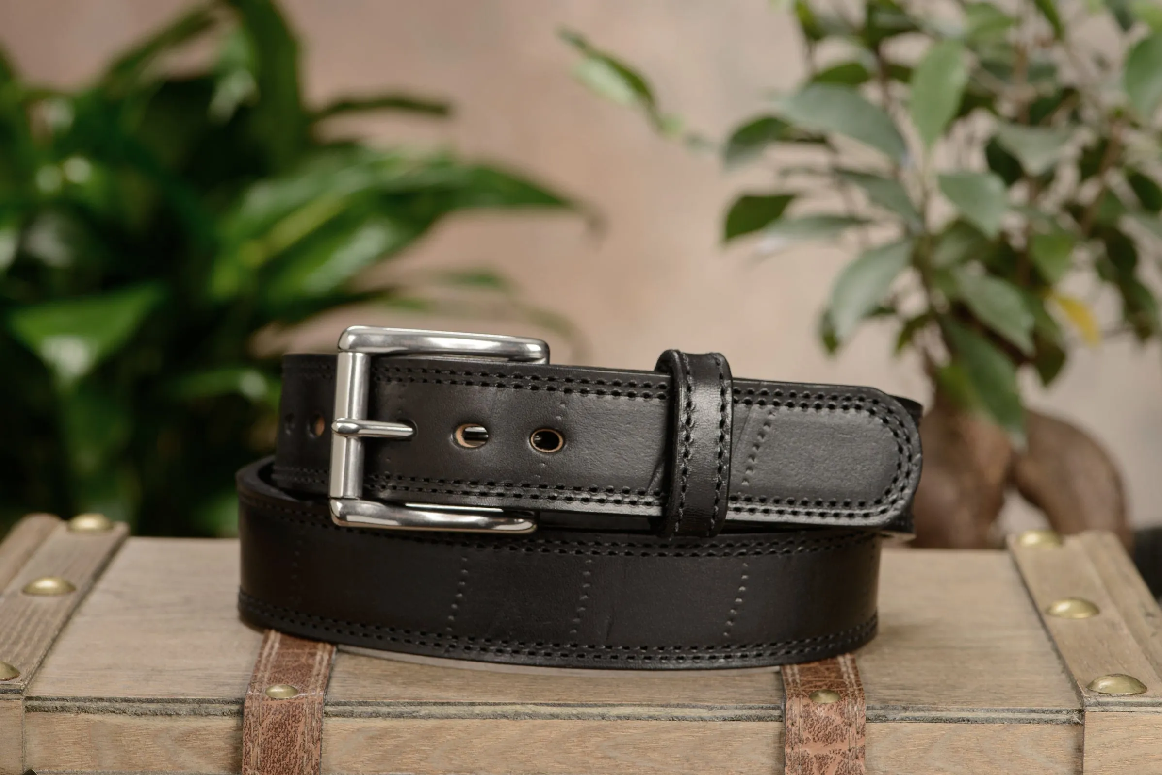SPECIAL OFFER - The Bomber: Men's Black Double Stitched With Distressed Marks Leather Belt 1.50"