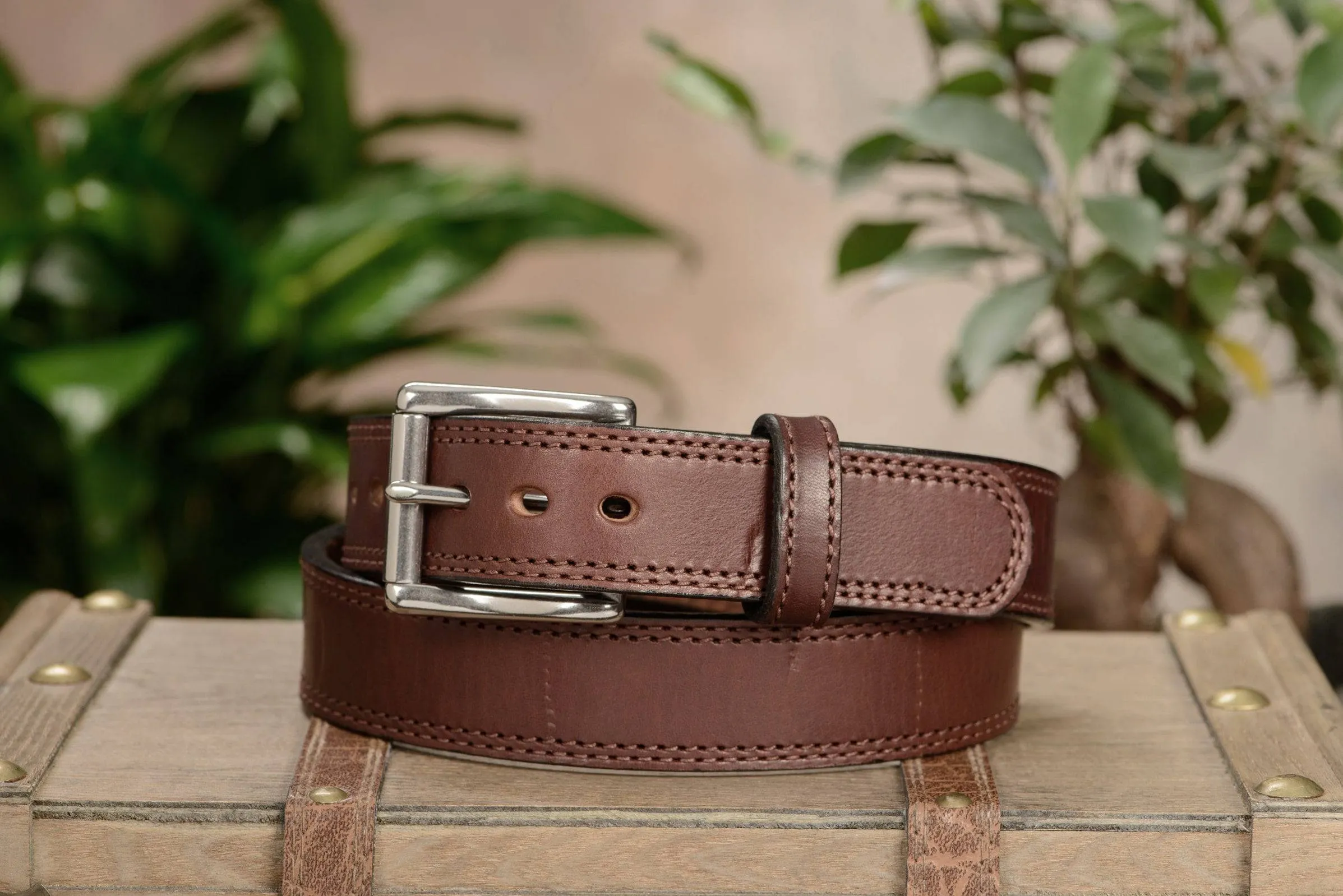 SPECIAL OFFER - The Bomber: Men's Brown Double Stitched With Distressed Marks Leather Belt 1.50"