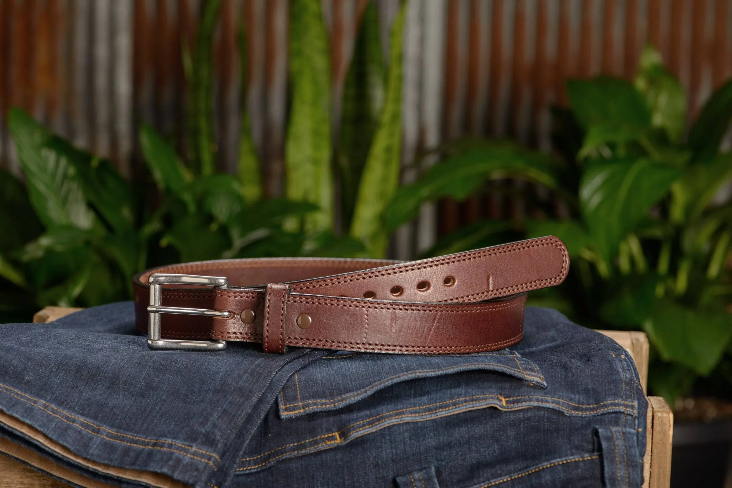 SPECIAL OFFER - The Bomber: Men's Brown Double Stitched With Distressed Marks Leather Belt 1.50"
